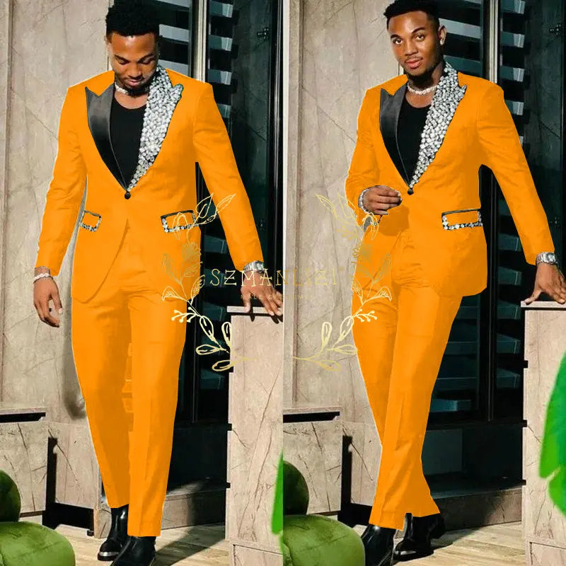 Black Suits for Men Slim Fit Single Breasted Peak Lapel Blazer High Quality Crystal Prom Party 2 Piece Jacket Pants Sets Terno