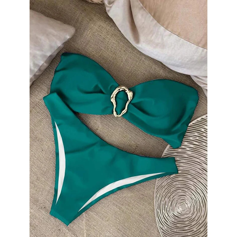 Sexy Solid Strapless Bikini 2 Piece Set Women Split Swimsuit Low Waist Beach Backless Bikini 2025 New Summer Swimwear Bikini Set