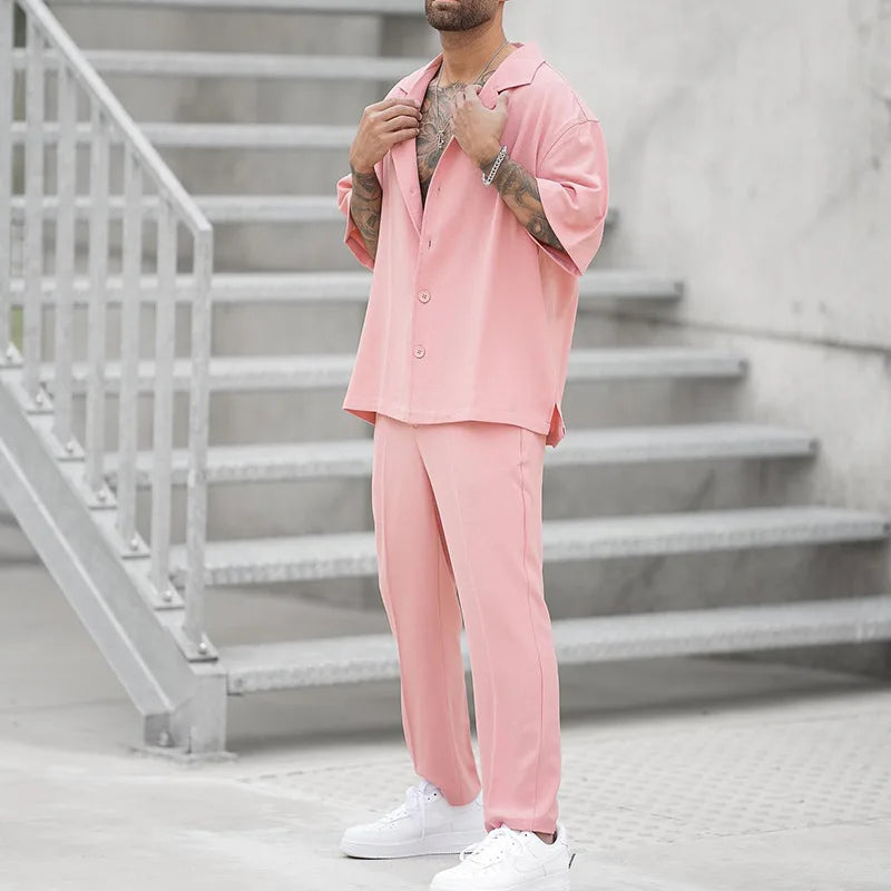 2025 Men's Casual 2PCS Pants Sets Fashion Lapel Shirt Top and Trousers Set Trendy Solid Blazer Pants Two Piece Set Clothing Male