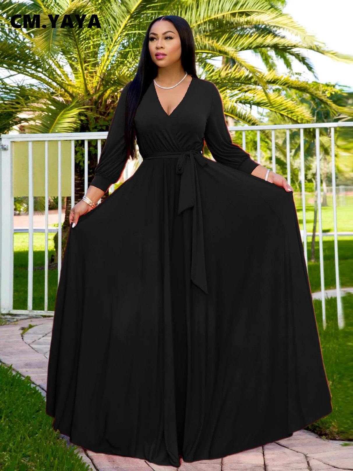 CM.YAYA Elegant Women Wraped V-neck Long Sleeve with Sashes Maxi Long Dress Chic INS Sexy Party Prom Big Swing Pink Dresses