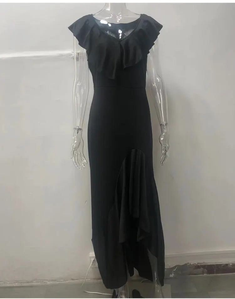 2023 Autumn New European and American Style V-Neck Long Dress with Ruffled Edge Irregular Elegant Dress Party Dress