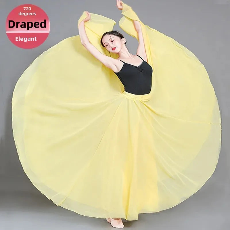 720 Degree Wide Dancing Skirt Chiffon Double Layer Semi-Long Dress Women's Solid Color Xinjiang Dance Skirt
