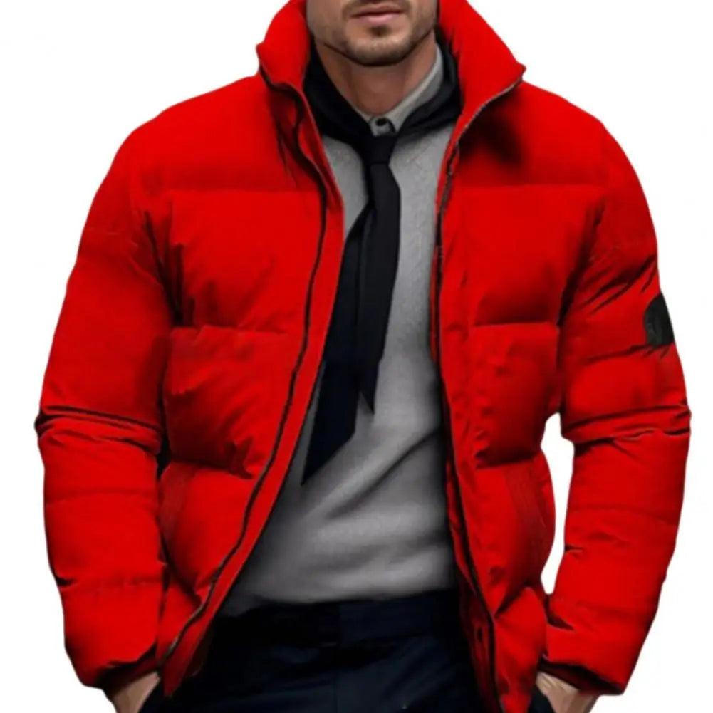 Men Quilted Jacket Solid Color Stand Collar Long Sleeve Zipper Closure Cotton Coat Thickened Jacket Down Cotton Puffer Outwear
