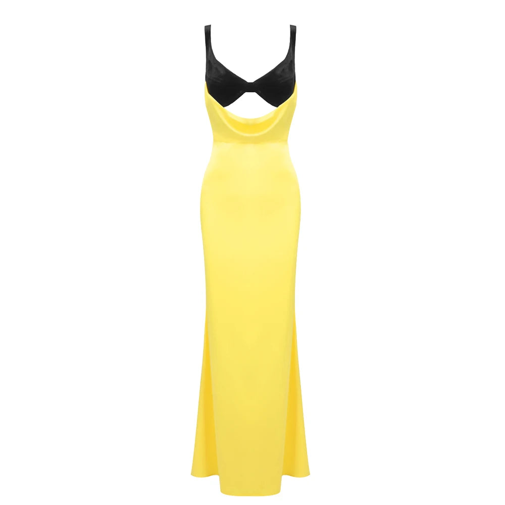 VC Women Cut-out Long Dress Temperament Contrast Color Combo V Neck Suspender Backless Slit Slim Mermaid Party Evening Gowns