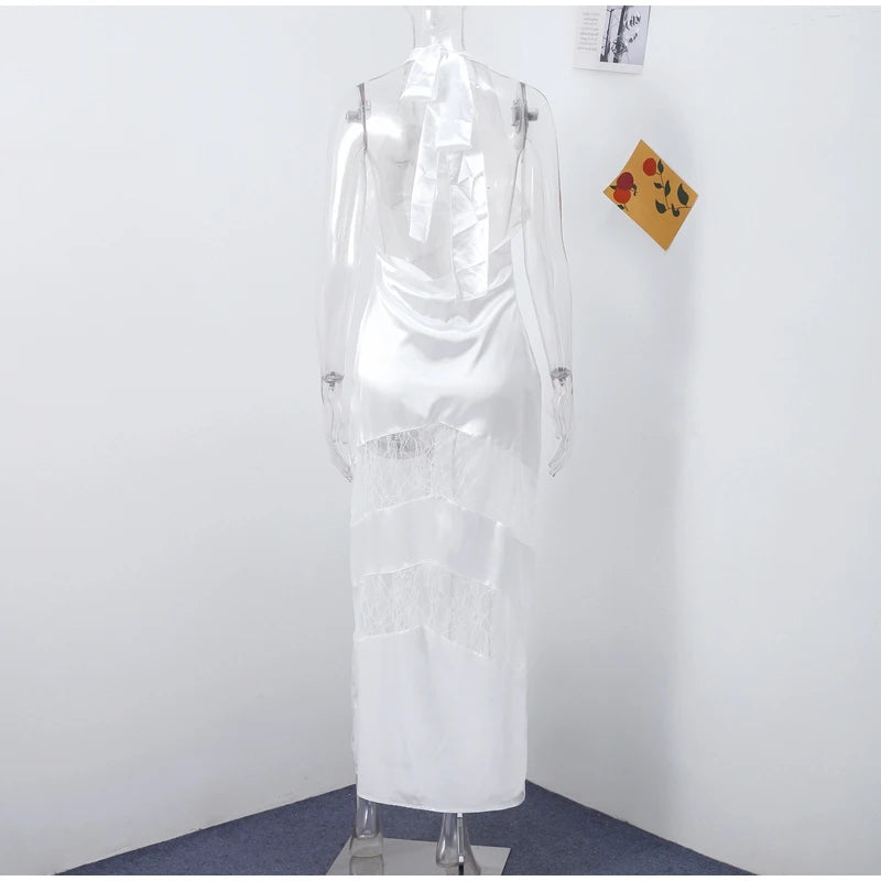 New Sexy Lace V-neck Sling Long Dress Women Retro Black Perspective Sleeveless Patchwork Maxi Dresses Female Chic Street Party