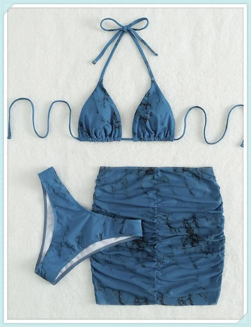 3 Pieces Thong Bikini Set With Skirt Marble texture Bathing Suit Women Swimsuit Set Female Swimwear Beach Wear Swimming Summer