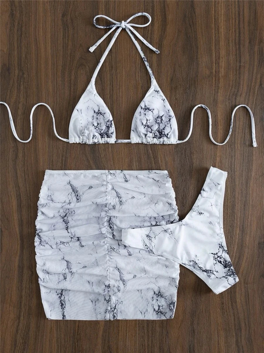 3 Pieces Thong Bikini Set With Skirt Marble texture Bathing Suit Women Swimsuit Set Female Swimwear Beach Wear Swimming Summer