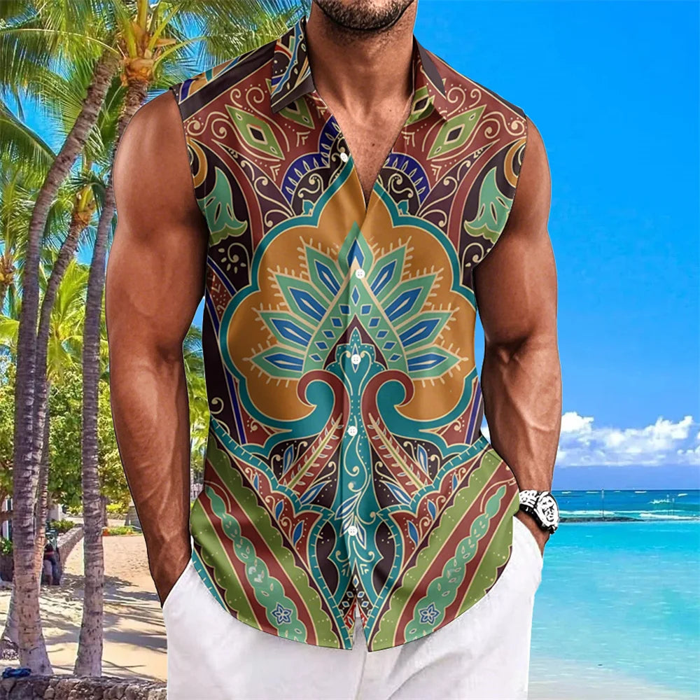 Ethnic Style Men's Shirts Cashew Flower Print Sleeveless Lapel Tops Hawaiian Shirt For Men Casual Vintage Oversized Men Clothing