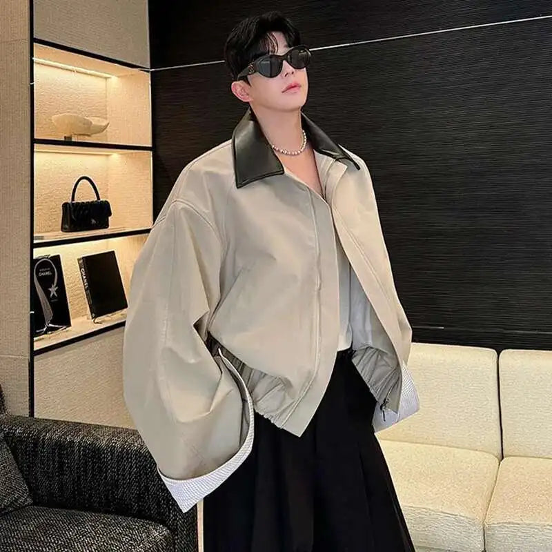 LUZHEN 2025 Spring Design Leather Collar Trendy Jacket Personalized Handsome Trendy Classy Versatile Color Contrast Tops LZ8146