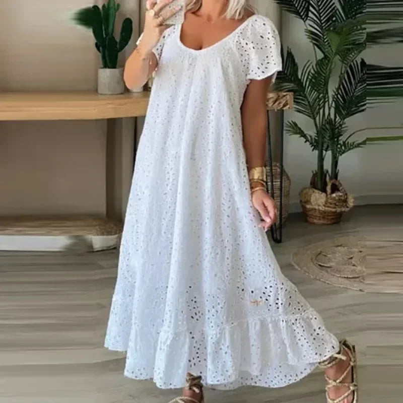 Women's Casual White Swing Party Dresses YK2 Ladies Elegant O-neck Hollow Long Dress Vestidos Summer Loose Short Sleeve Dress