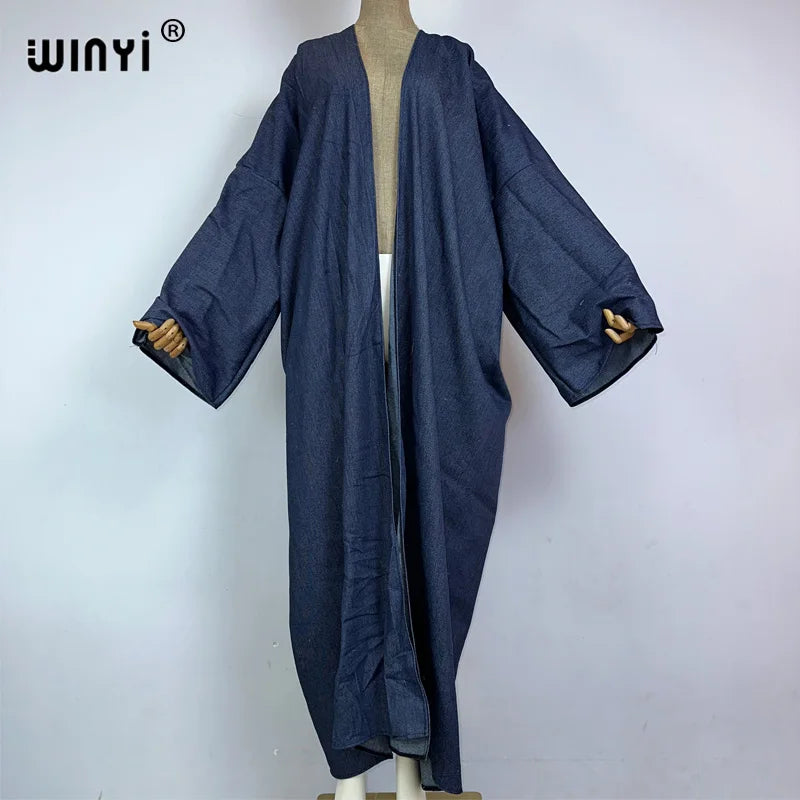WINYI Embroidered soft denim cardigan Women coat Loose Long Dress elegant Party Boho maxi beach Holiday Swimming Cover Up Kimono