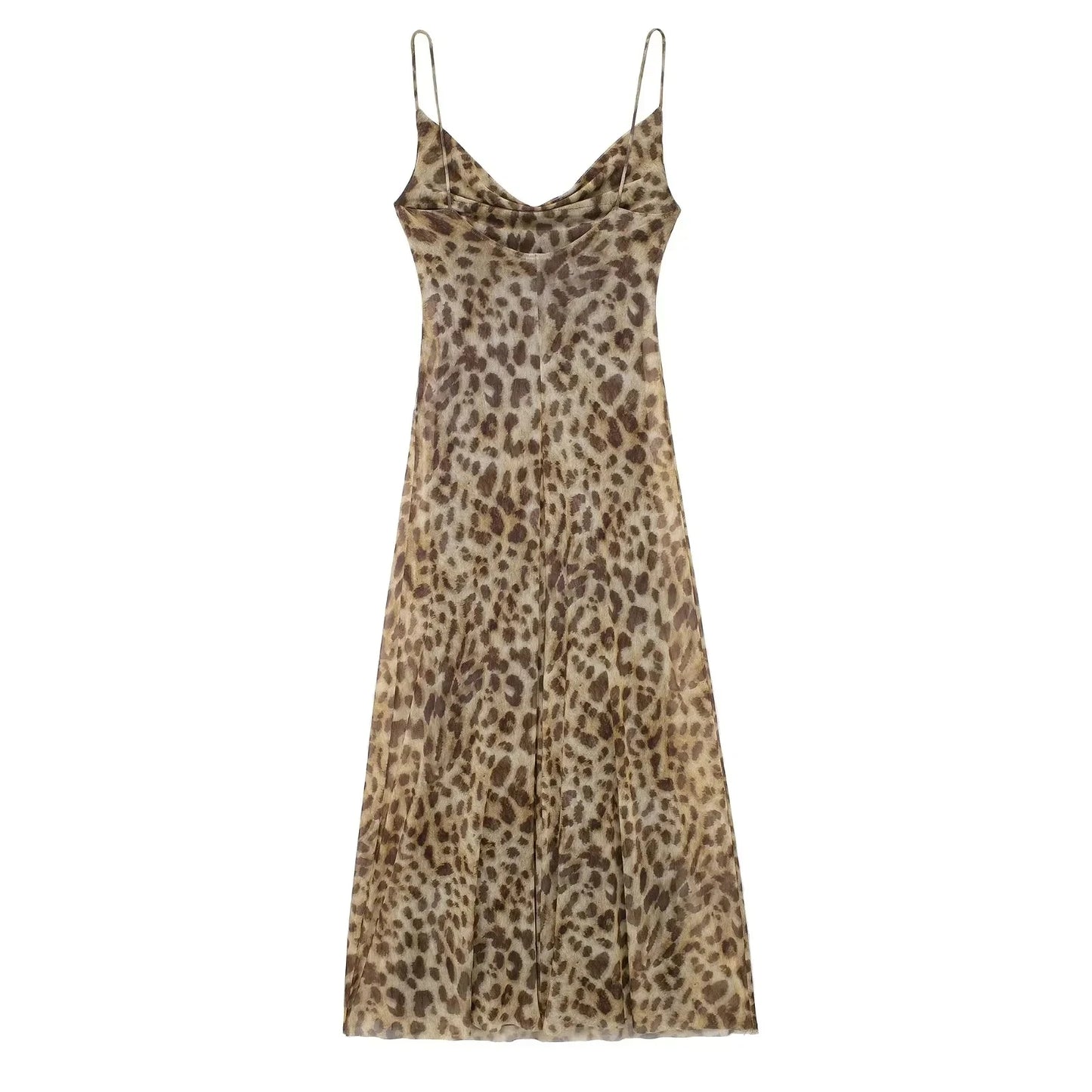 TRAFZA Summer Women's Fashion Leopard Print Tulle Long Dress Sexy Sleeveless Backless Slip Dress Female Elegant Maxi Party Dress