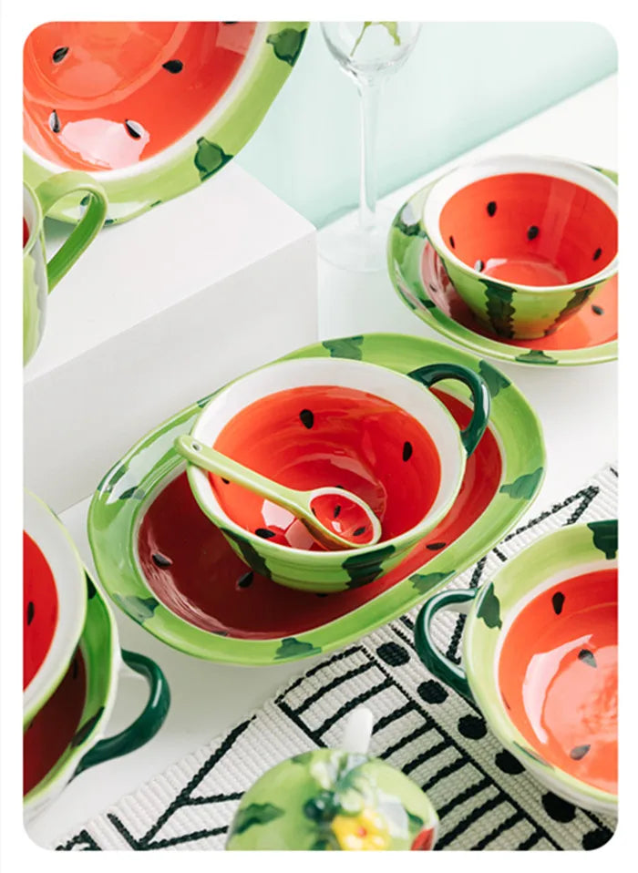 Watermelon Bowl Ceramic Bowl Plate Set Home Ramen Bowl Cute Hand-painted Tableware Children's Rice Bowls Kitchen Accessories