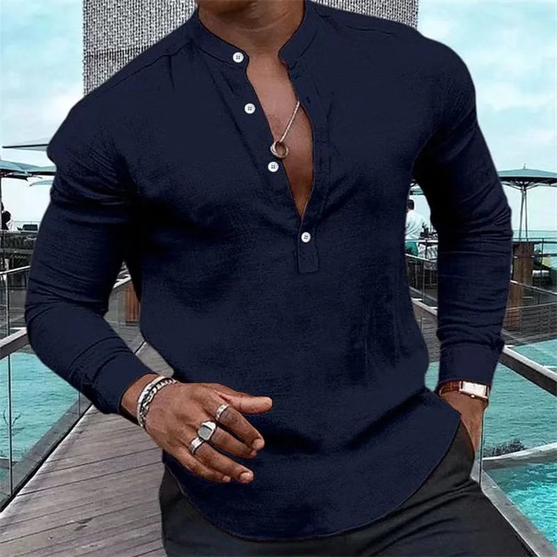 Fashion shirt men's Henry solid color half-open button stand collar muscular men's tops street soft and comfortable 2023 new