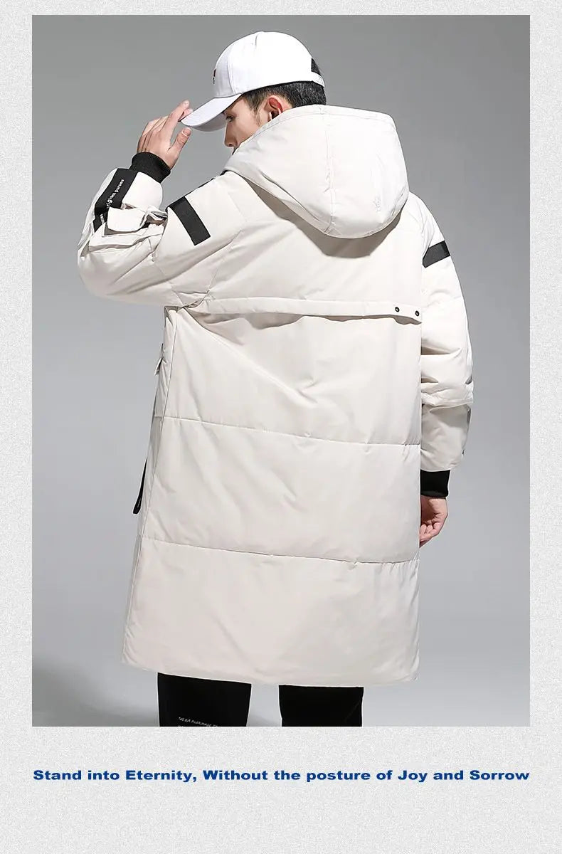Men's Parkas Hooded New Over-the-knee Overcoat Thickened Mid-length Jacket Zipper Buttons Winter White Duck Down Jackets