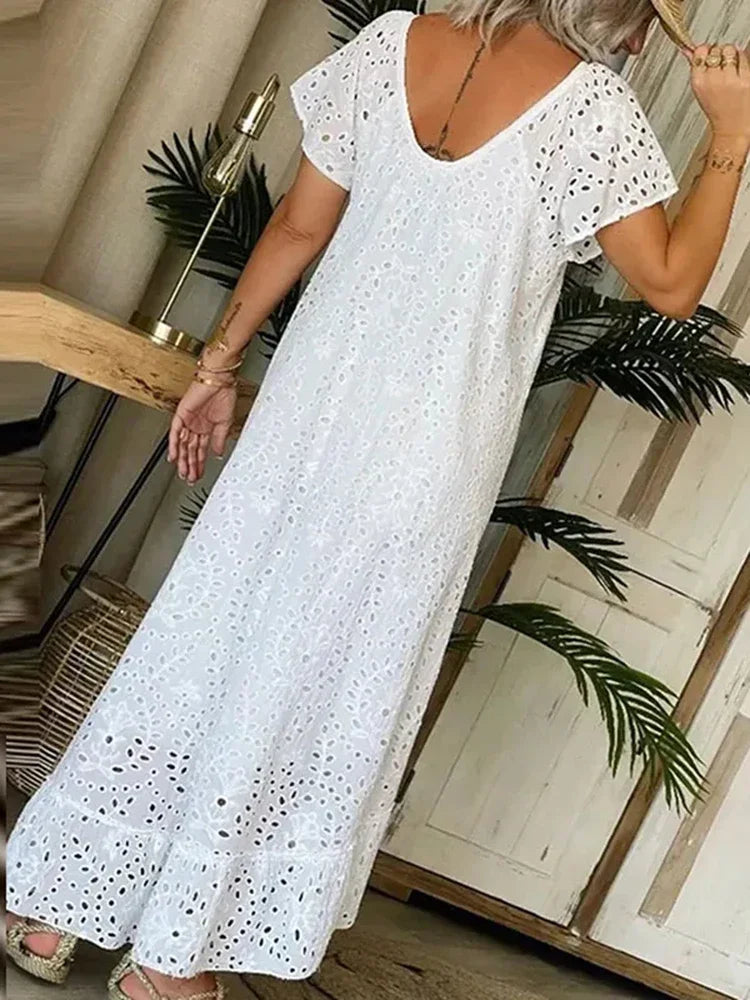 Women's Casual White Swing Party Dresses YK2 Ladies Elegant O-neck Hollow Long Dress Vestidos Summer Loose Short Sleeve Dress
