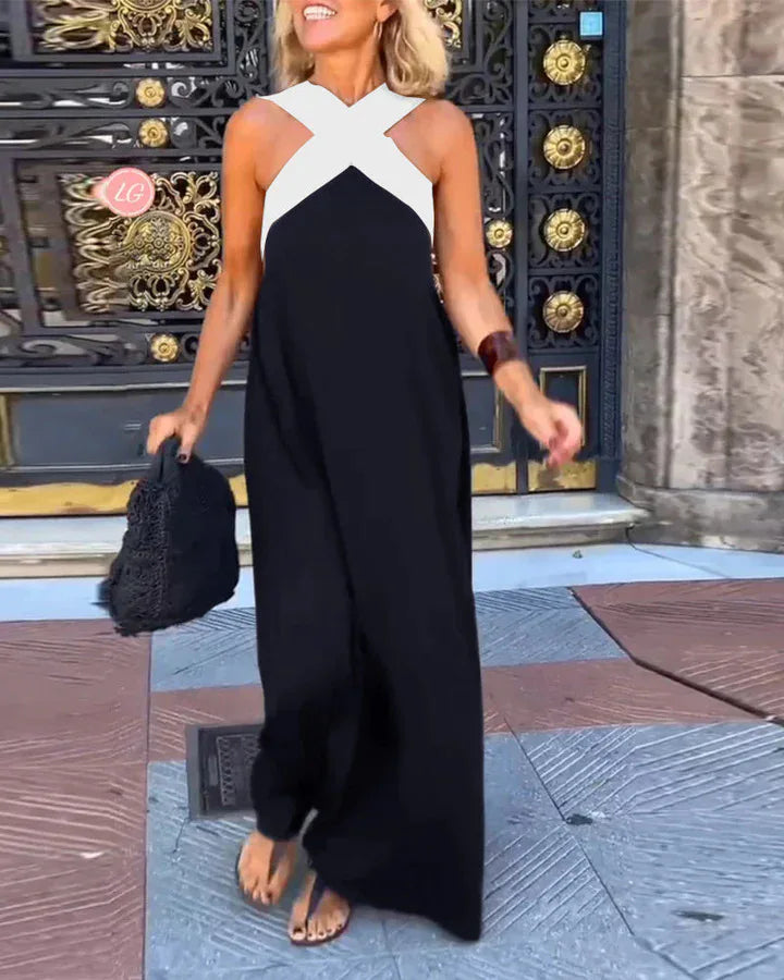 Summer Casual Loose Beach Dresses Fashion Off Shoulder Multi-color Holiday Dress 2025 New Women Halter Color Blocked Long Dress