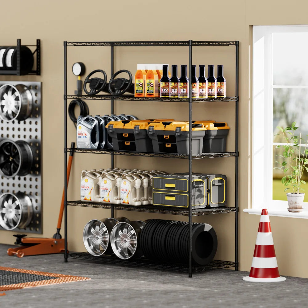 Warehouse supermarket kitchen other 5-layer heavy-duty adjustable shelves with wheels  adjustable feet  frame bearing 300 pounds