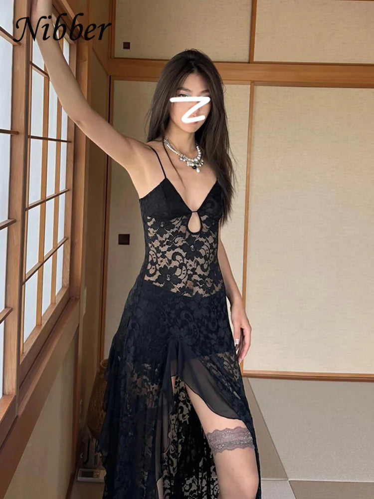 Nibber Sexy See Through Lace Sleeveless Long Dress Women Patchwork Summer Backless V-neck Side Slit Party Evening Maxi Vestidos