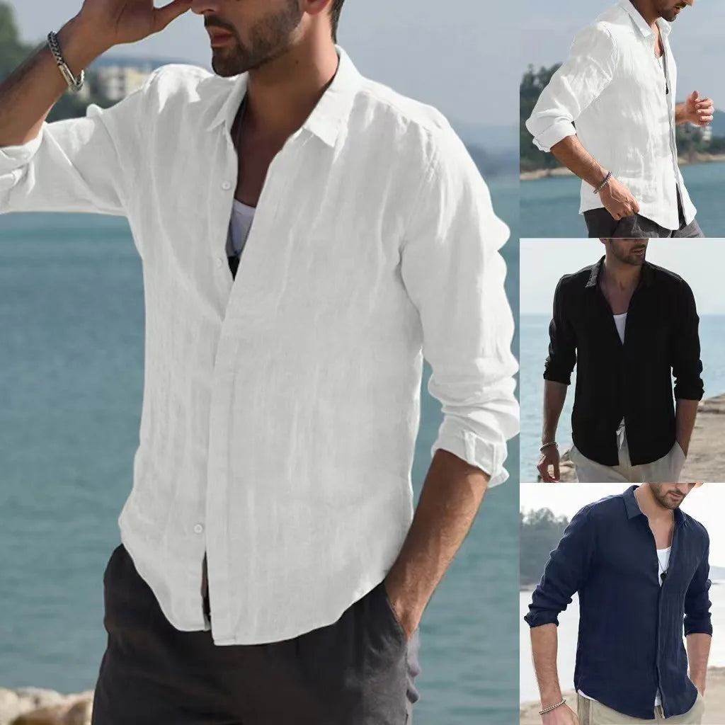 Men's retro casual long-sleeved lapel single-breasted cardigan shirt