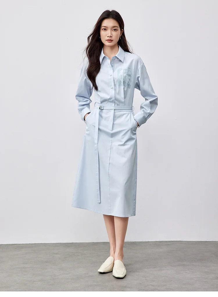 SENTUBILA Lyocell Shirt Dresses Womens 2025 Spring Cotton Embroidery A-line Turn Down Collar Solid Wrap Long Dress 151L58233