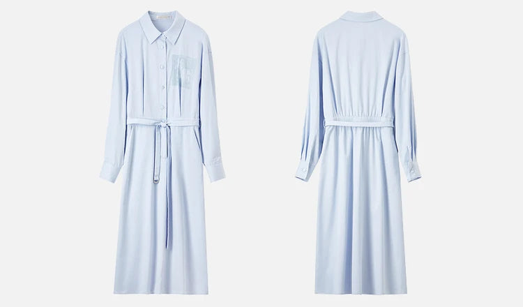SENTUBILA Lyocell Shirt Dresses Womens 2025 Spring Cotton Embroidery A-line Turn Down Collar Solid Wrap Long Dress 151L58233