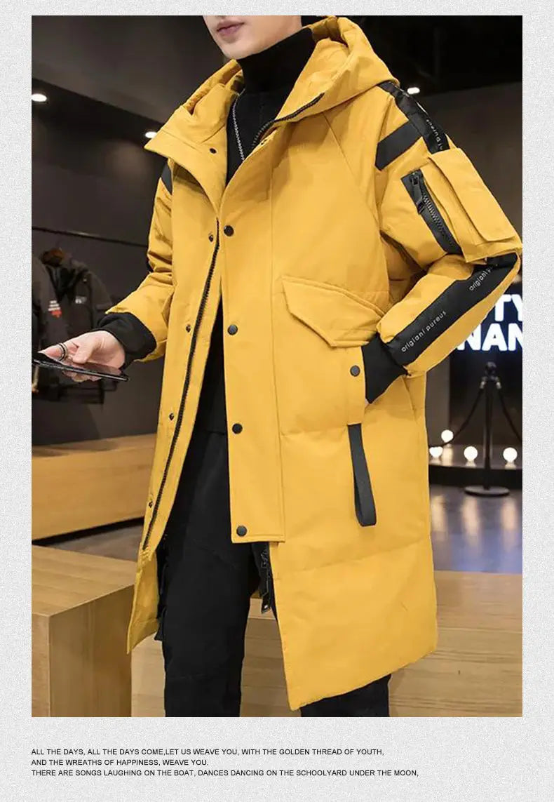 Men's Parkas Hooded New Over-the-knee Overcoat Thickened Mid-length Jacket Zipper Buttons Winter White Duck Down Jackets