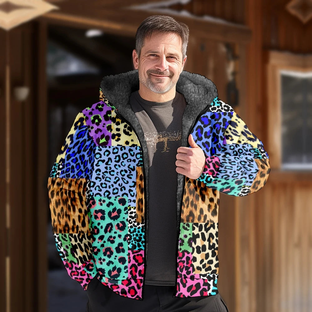 Autumn Winter Fleece Zip Up Hoodies Original Leopard Patchwork Digital Print Men Parka Coat Jackets Outerwear Sweatshirts Street
