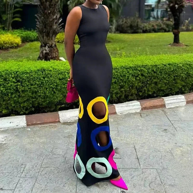 Summer Black Slim Hollow Sexy Party Vacation Long Dress Women's  Elegant Casual Sleeveless Sundress New High Waist Evening Dress