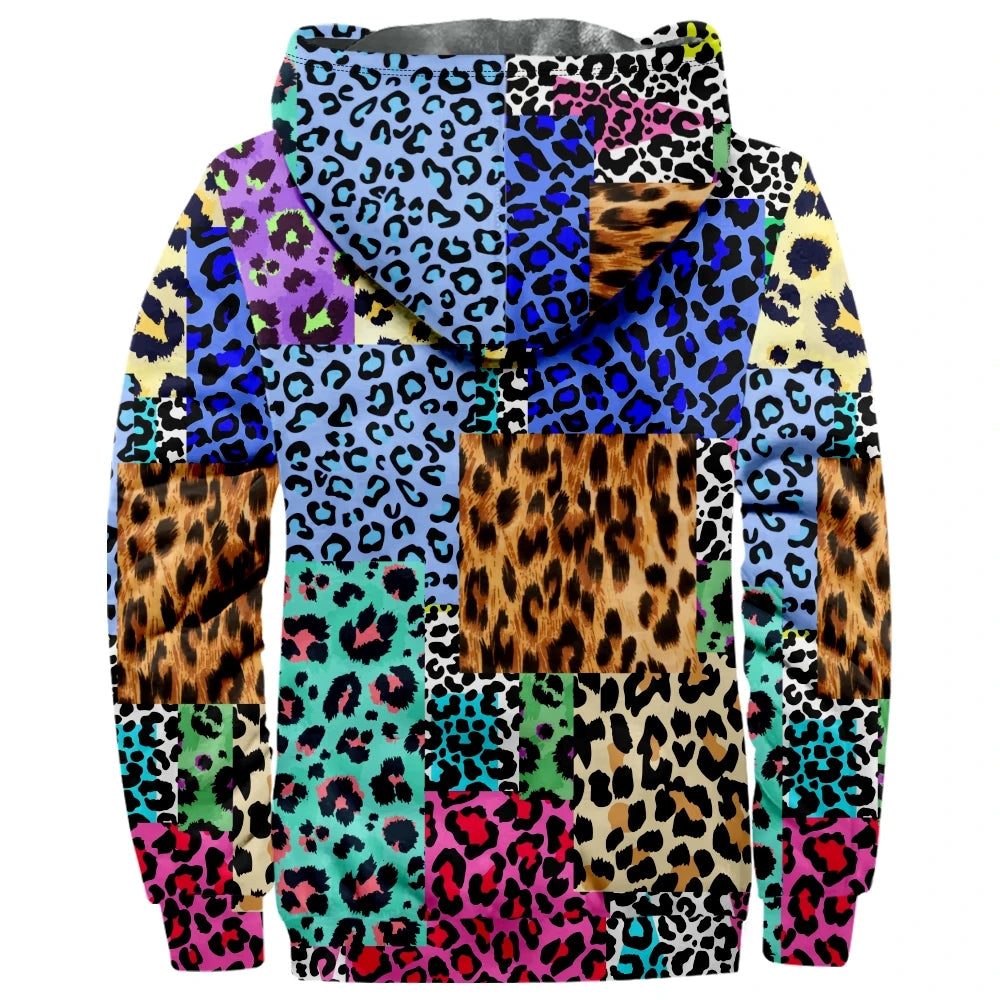 Autumn Winter Fleece Zip Up Hoodies Original Leopard Patchwork Digital Print Men Parka Coat Jackets Outerwear Sweatshirts Street