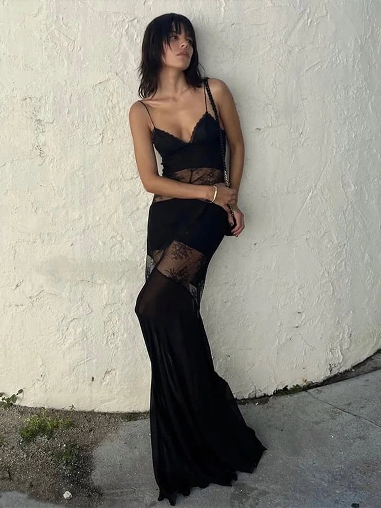 New Sexy Lace V-neck Sling Long Dress Women Retro Black Perspective Sleeveless Patchwork Maxi Dresses Female Chic Street Party