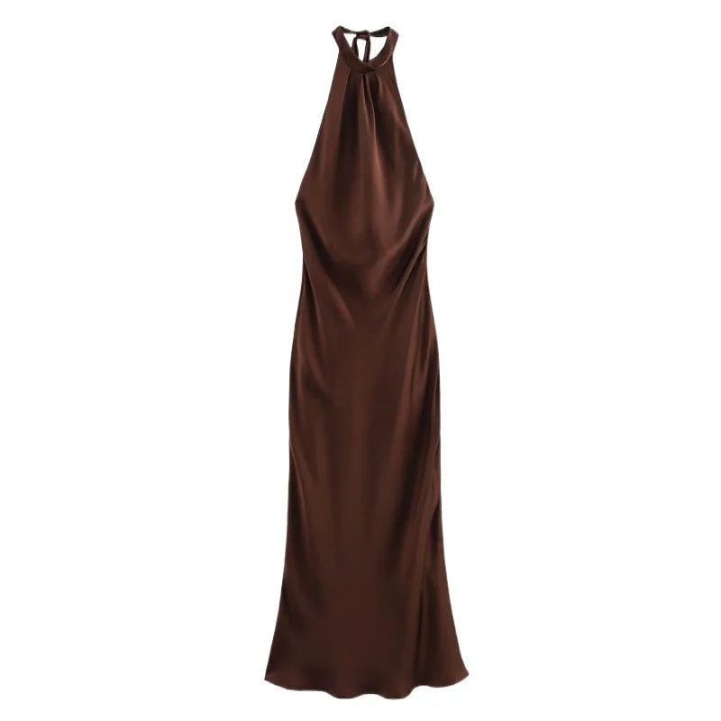 Halter Satin Long Dress Women Tied Backless Brown Midi Dress Summer Off Shoulder Party Dresses Pleated Evening Dress