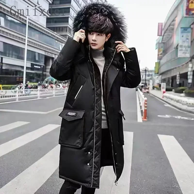 Autumn Winter Thickened Warm Cold-proof Mid-length Over-the-knee Jackets Men's Loose Casual High Street Parkas Male Clothes