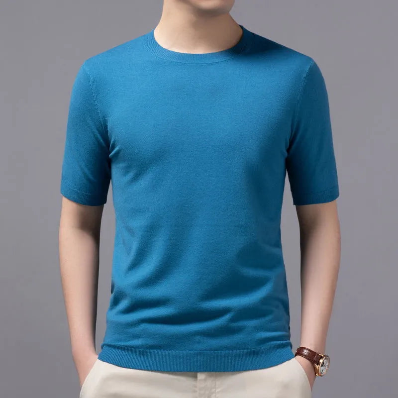 Superfine Merino Cashmere Knitted O-neck T-shirt for Men's Clothing Short Sleeve Tee Solid Color Trend Leisure Tee Tops ﻿