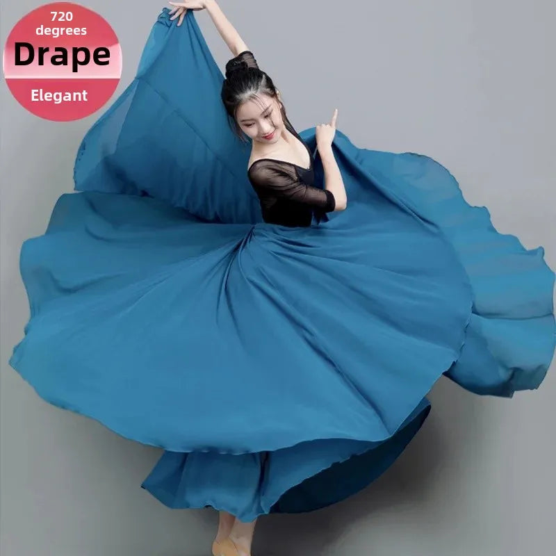 720 Degree Wide Dancing Skirt Chiffon Double Layer Semi-Long Dress Women's Solid Color Xinjiang Dance Skirt