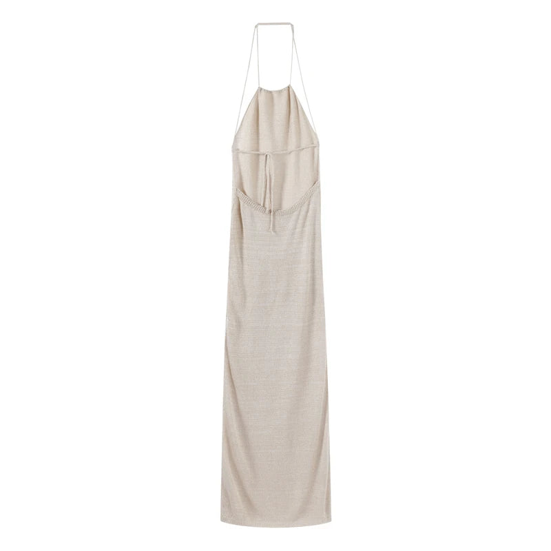Sexy Knit Lace-up Split Long Dress Women Solid Halter Cover Up See Through Bodycon Dresses 2024 Summer Lady Chic Beach Robes