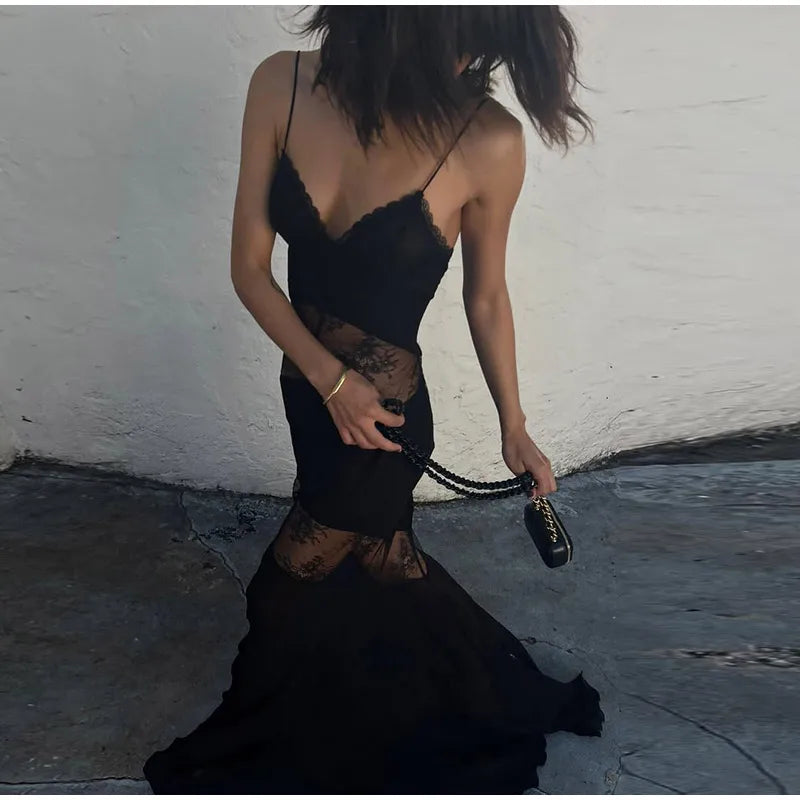 New Sexy Lace V-neck Sling Long Dress Women Retro Black Perspective Sleeveless Patchwork Maxi Dresses Female Chic Street Party