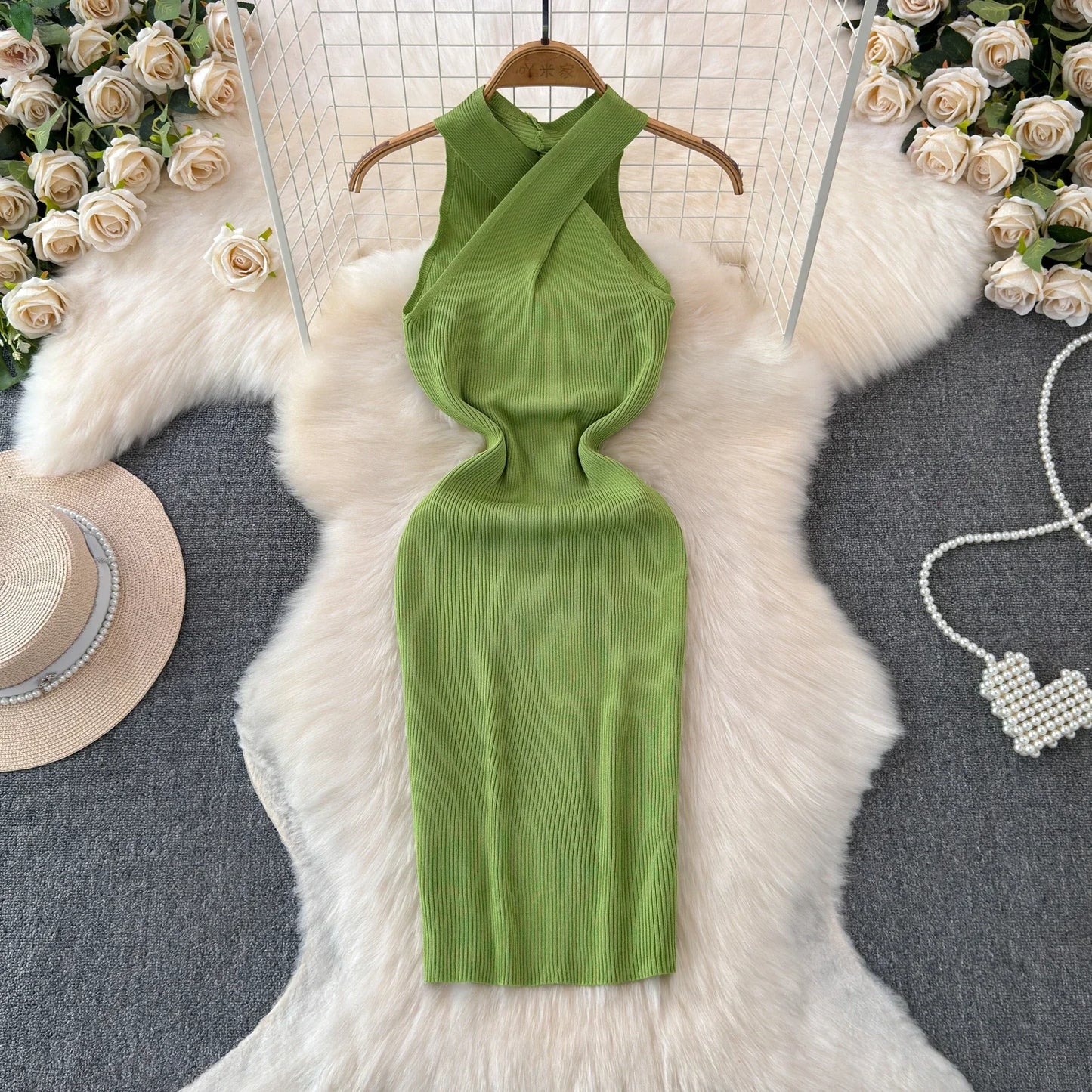 Solid 2024 Cross Knitted Women Dress Summer Strap Sleeveless Bodycon Dress Europe Style Halter Ladies Sexy Midi Long Dress