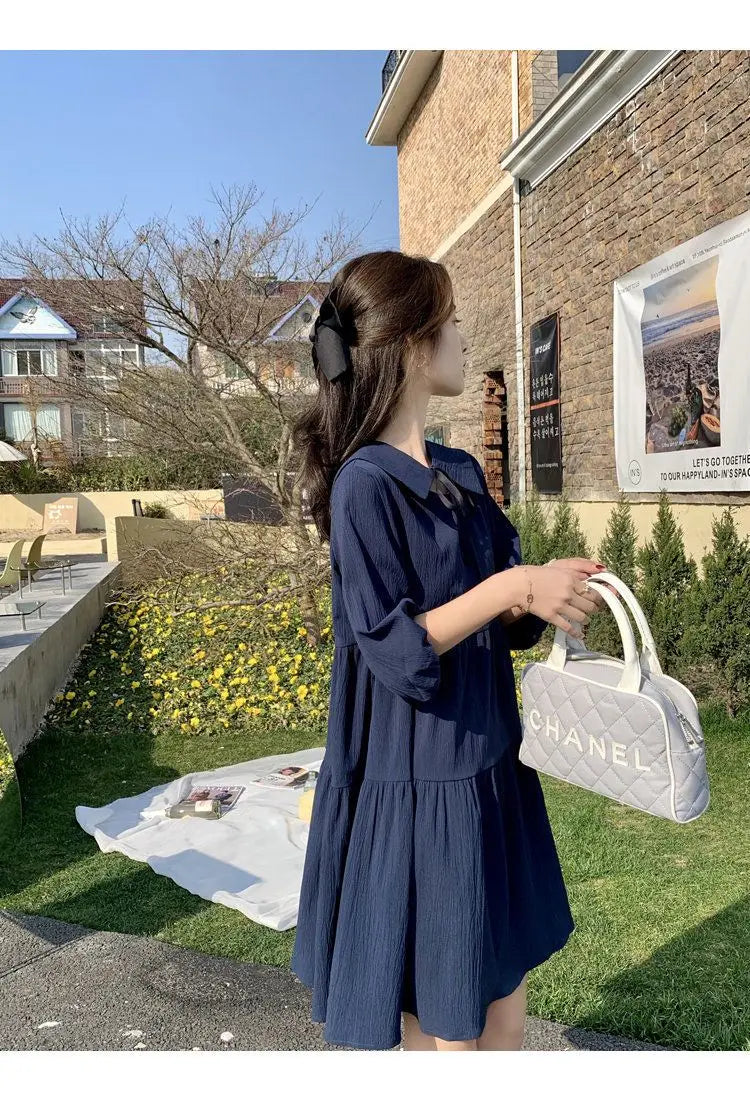 Vintage Pleated Lacing Loose Mini Dress Summer New Half Sleeve Solid Color Sweet Casual Dresses Fashion Korean Women Clothing