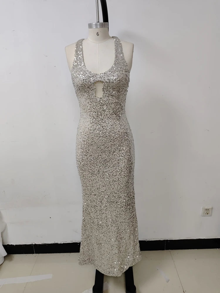 Sexy Spaghetti Straps Glitter Sequin Cut Out Maxi Dress Women Sleeveless Backless Sequined Slim Long Dress Celebrity Party Gowns