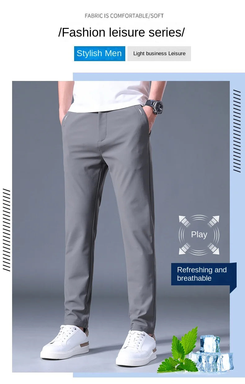 Summer Men's Casual Pants Thin Business Stretch Slim Fit Elastic Waist Jogger Korean Classic Blue Black Gray Brand Trousers Male