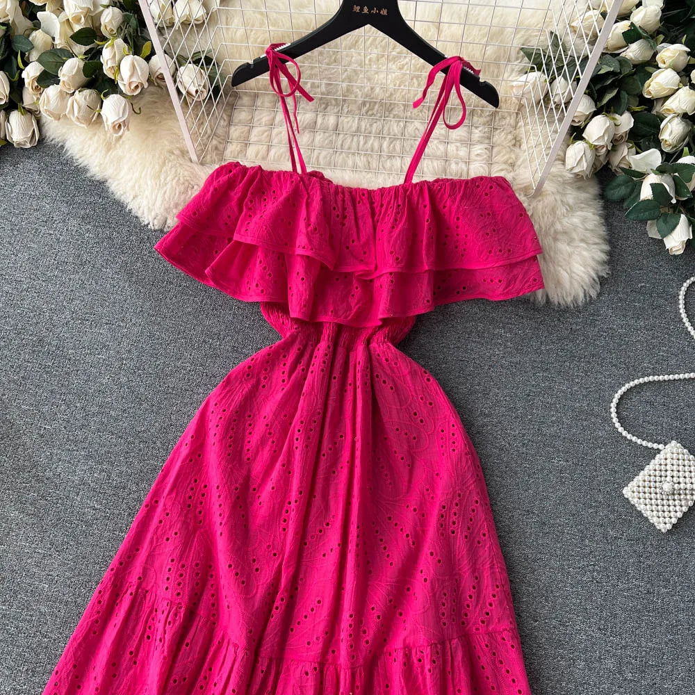 SINGREINY High Street Cotton Embroidery Long Dress Women Hollow Out Backless Beach Sundress Fashion Off the Shoulder Sexy Dress