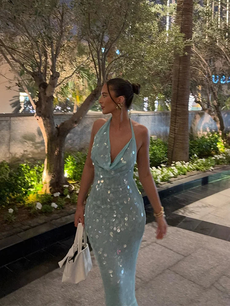 Elegant Sequin Halter Long Dress Women Sexy Bule Backless Sleeveless Slim Asymmetrical Beach Dresses Lady Chic Party Holiday