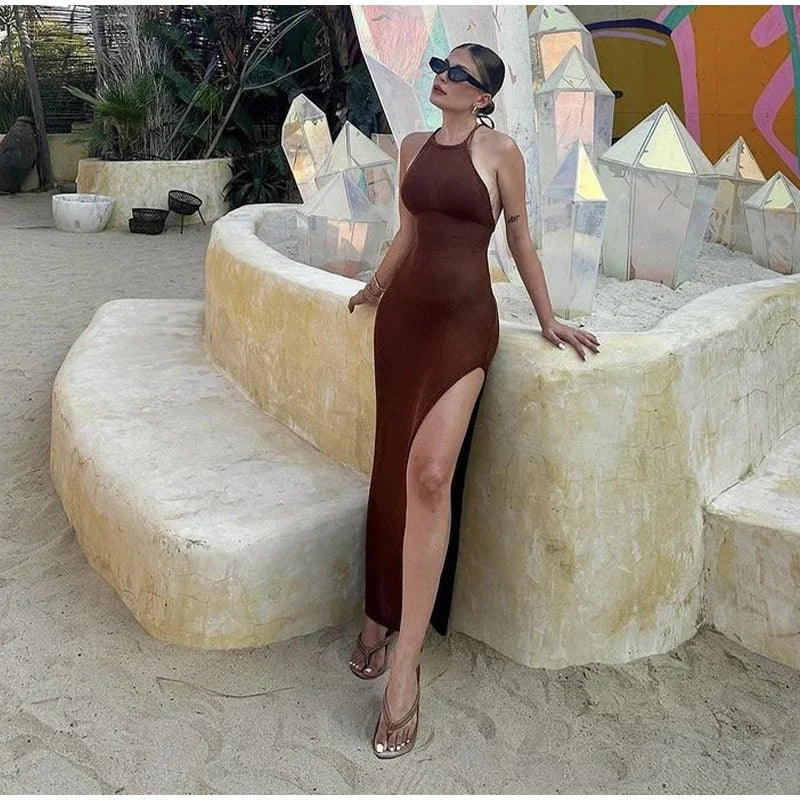 Sexy Knit Lace-up Split Long Dress Women Solid Halter Cover Up See Through Bodycon Dresses 2024 Summer Lady Chic Beach Robes