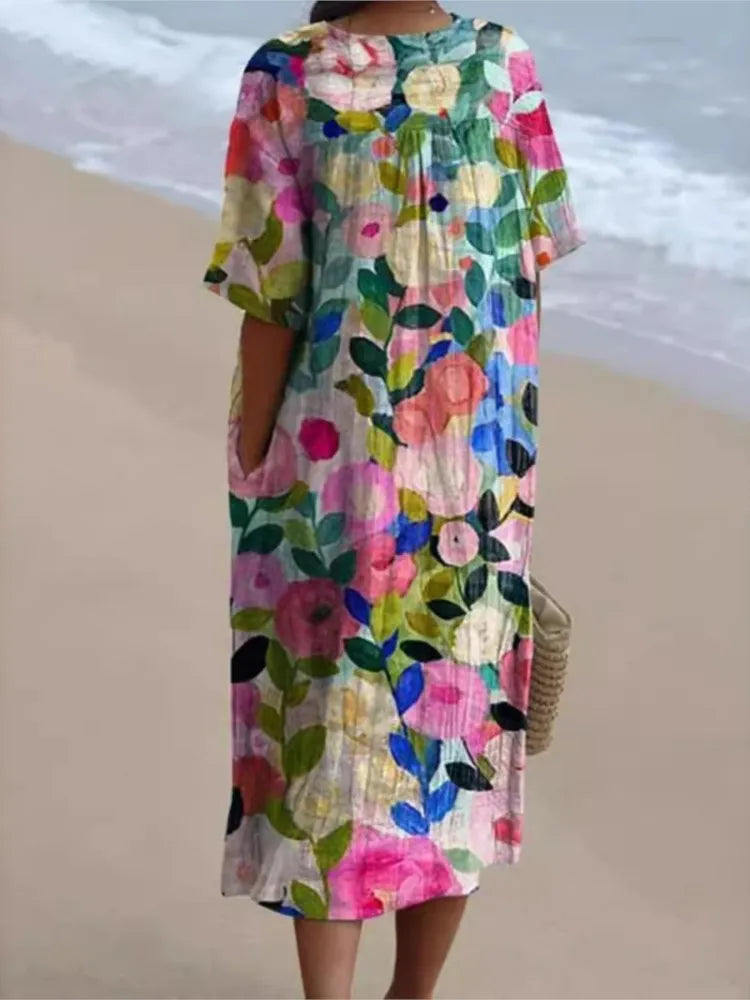 Summer Women Print Dress New Fashion V Neck Short Sleeve Loose Holiday Casual Dresses Female Beach Party Vestidos Robe Femme