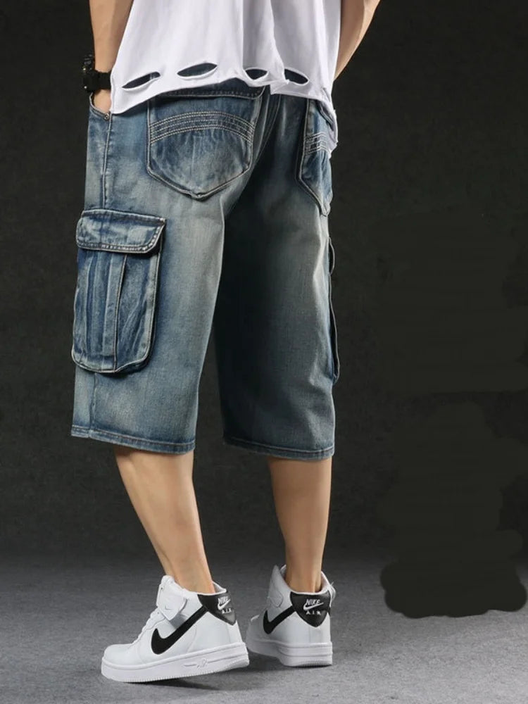 2025 new European and American multi pocket workwear seven quarter denim shorts for men with wide legs and loose denimt