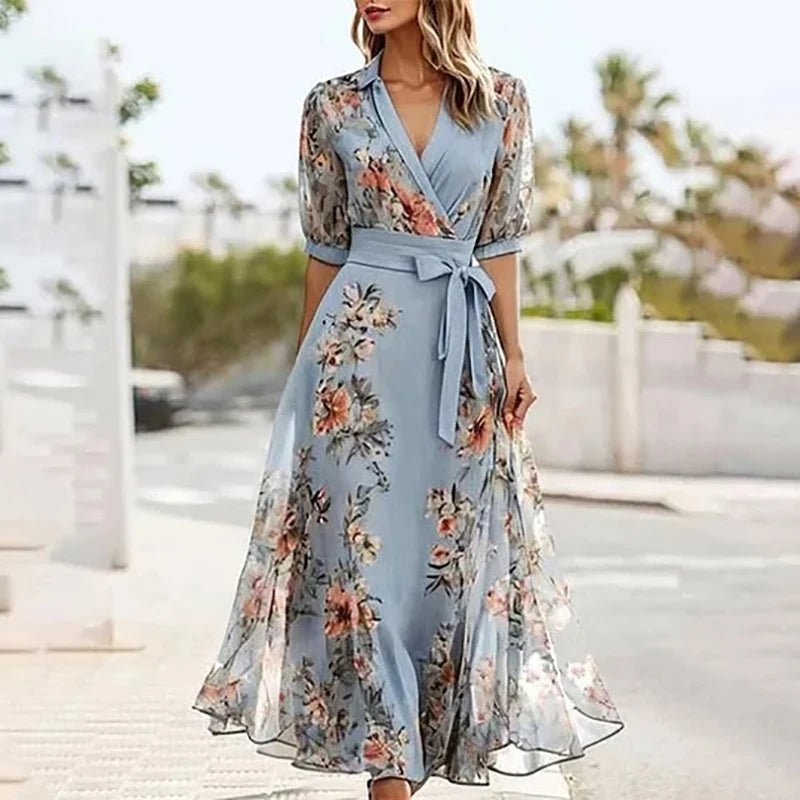 Spring Elegant Floral Print Mesh Long Dress Woman Sexy V Neck Lace-up Robe Party Dress New Summer Short Sleeve A-Line Boho Dress