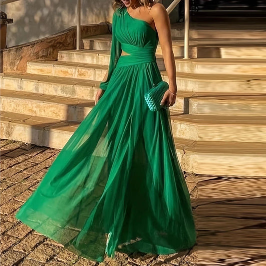 2025 Sexy Diagonal Neck High Waist Mesh Dress Fashion One Shoulder Sleeve Hollow Evening Dress Green Elegant Backless Long Dress