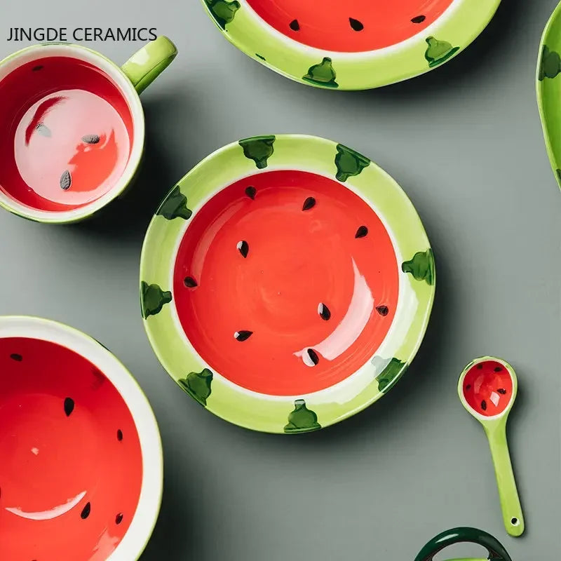 Watermelon Bowl Ceramic Bowl Plate Set Home Ramen Bowl Cute Hand-painted Tableware Children's Rice Bowls Kitchen Accessories