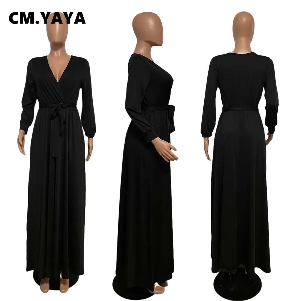 CM.YAYA Elegant Women Wraped V-neck Long Sleeve with Sashes Maxi Long Dress Chic INS Sexy Party Prom Big Swing Pink Dresses